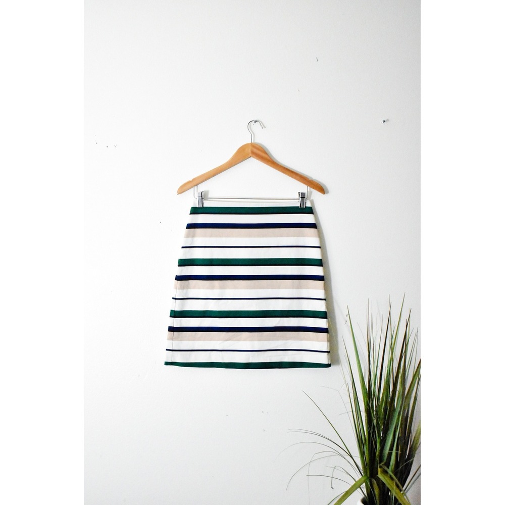 Ann Taylor Factory Pencil Skirt Womens 4 Green Navy Tan White Stripe Classic